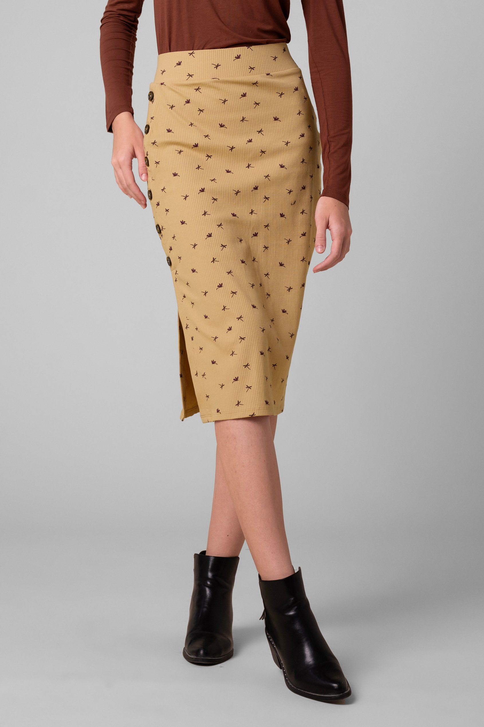 Enorsia Women's Gold Side Button Split Ribbed Skirt - Uk 18