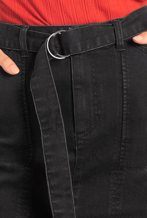 Black Belted Denim With Front Slit Mini Skirt