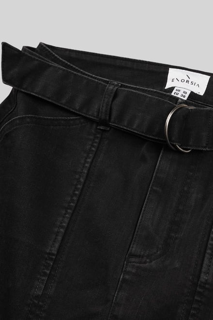 Belted Denim With Front Slit Mini Skirt