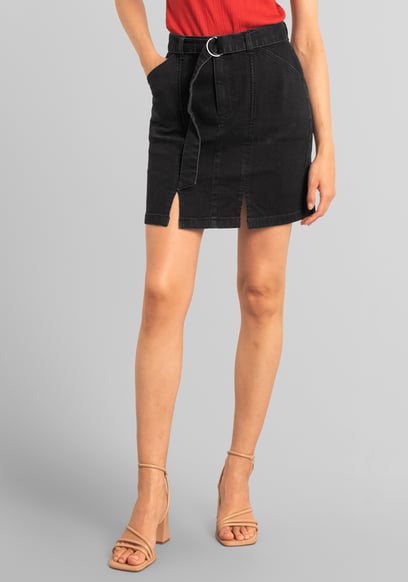 Belted Denim With Front Slit Mini Skirt