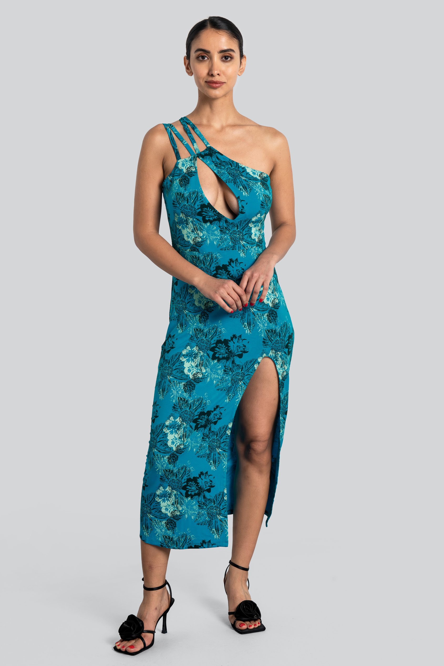 Enorsia Women's Green One Shoulder Floral Printed Maxi Dress - Uk 10