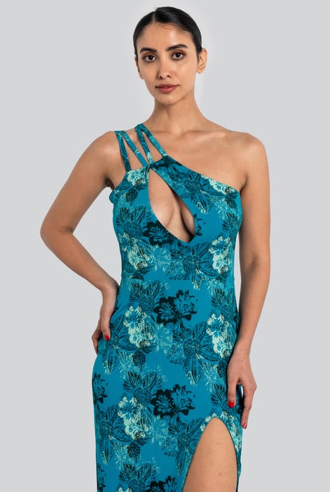 Green One Shoulder Floral Printed Maxi Dress
