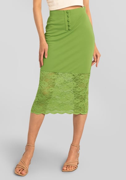 Lace Tiered Button Detail Midi Skirt