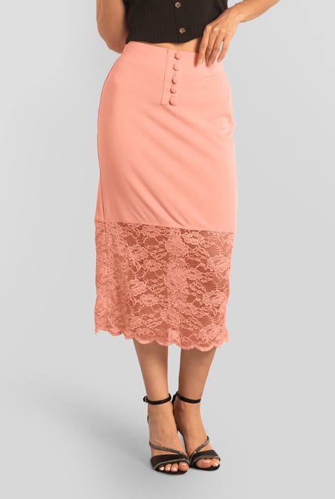 Green Lace Tiered Button Detail Midi Skirt