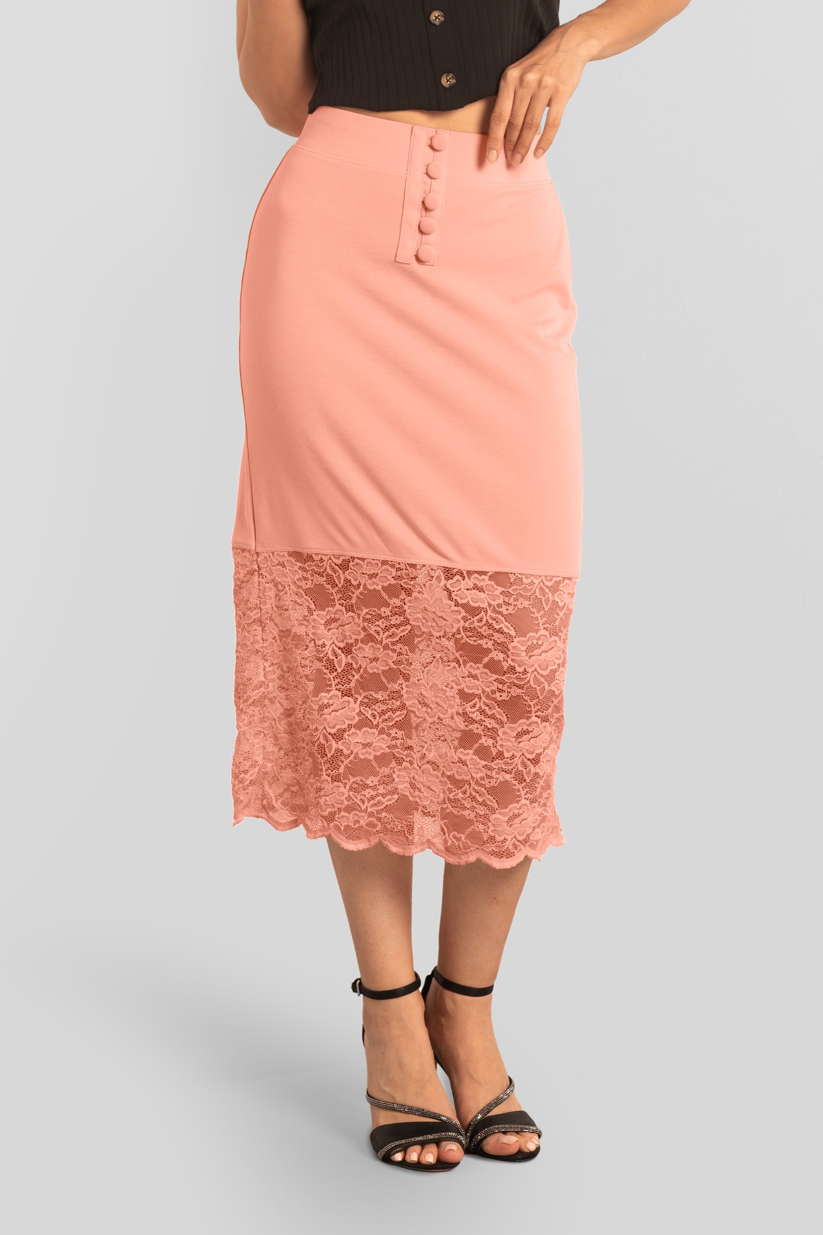 Enorsia Women's Pink Lace Tiered Button Detail Midi Skirt - Uk 8