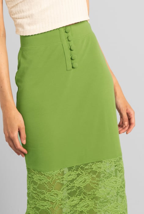 Green Lace Tiered Button Detail Midi Skirt