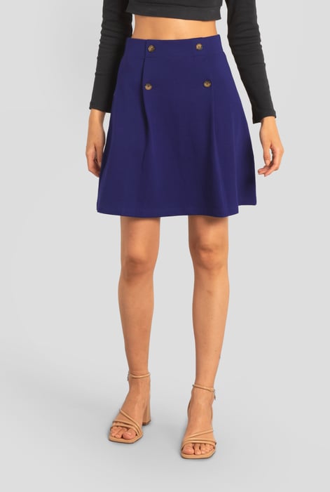 Navy Button-Trimmed Pleated Mini Skirt