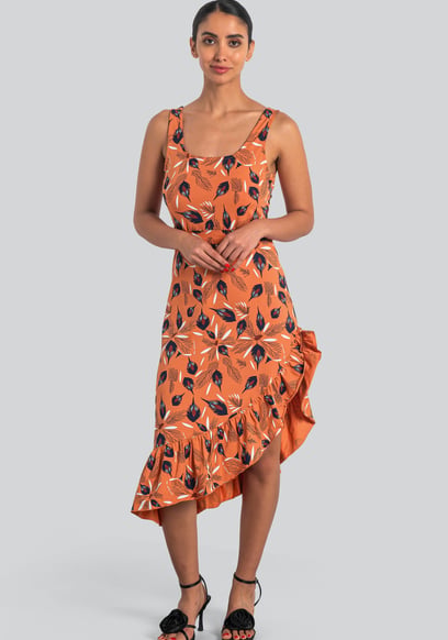 Square-Neck Ruffle Wrap Botanical Print Dress