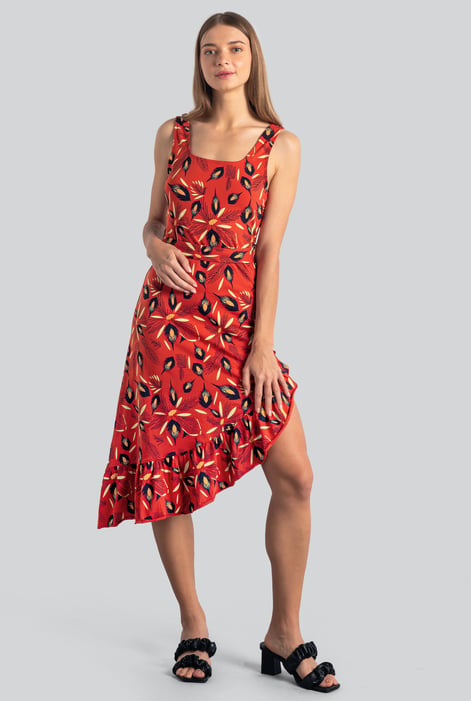 Red Square-Neck Ruffle Wrap Botanical Print Dress