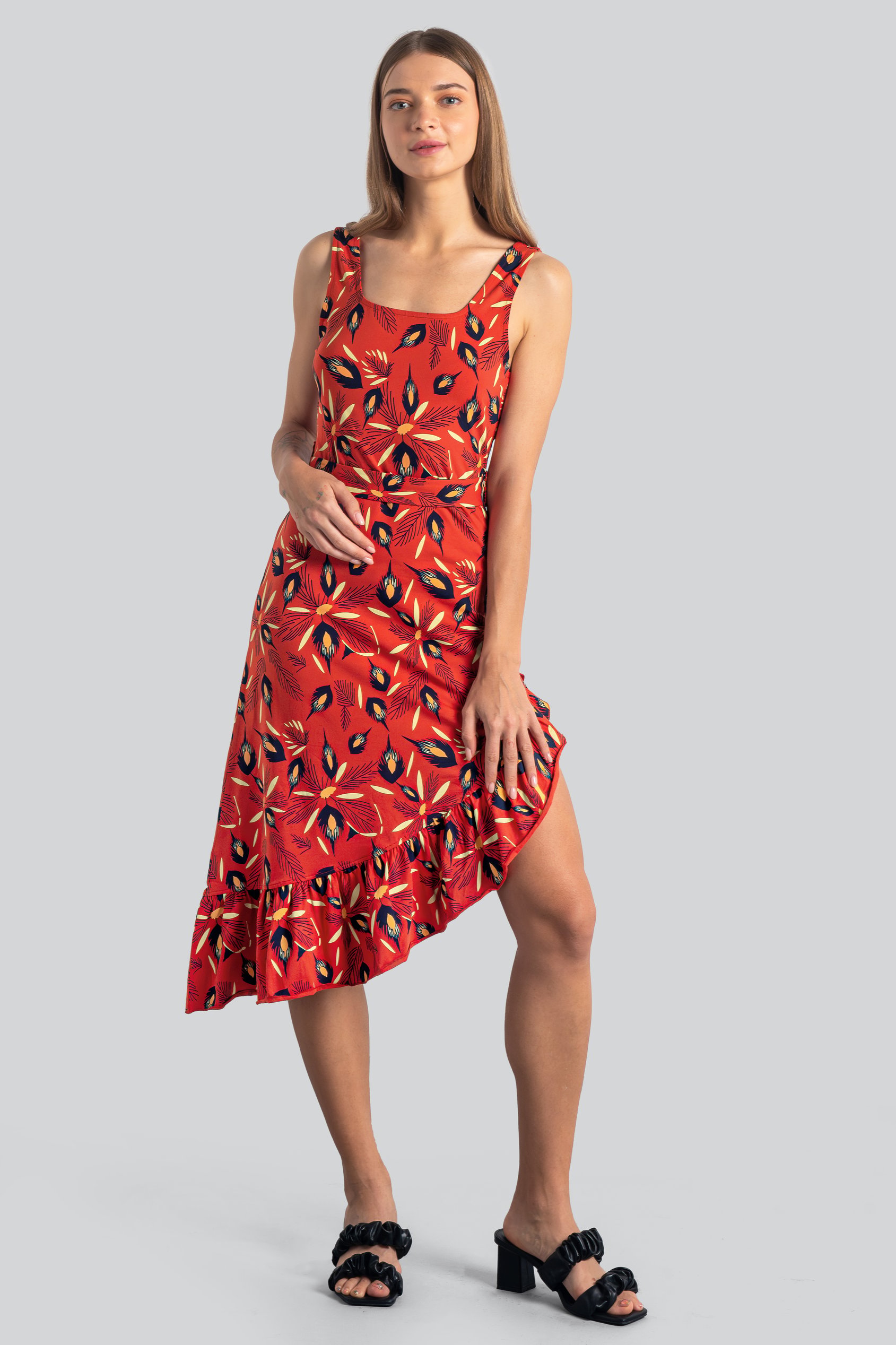 Enorsia Women's Red Square-Neck Ruffle Wrap Botanical Print Dress - Uk 14