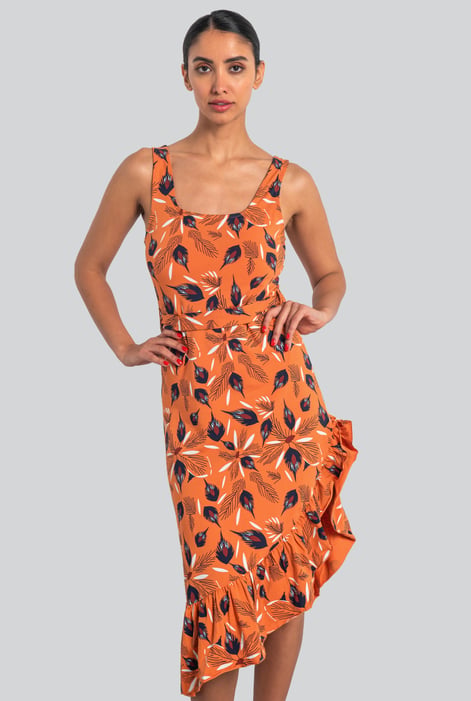 Orange Square-Neck Ruffle Wrap Botanical Print Dress