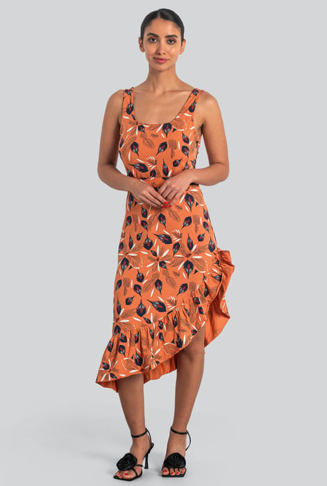 Red Square-Neck Ruffle Wrap Botanical Print Dress