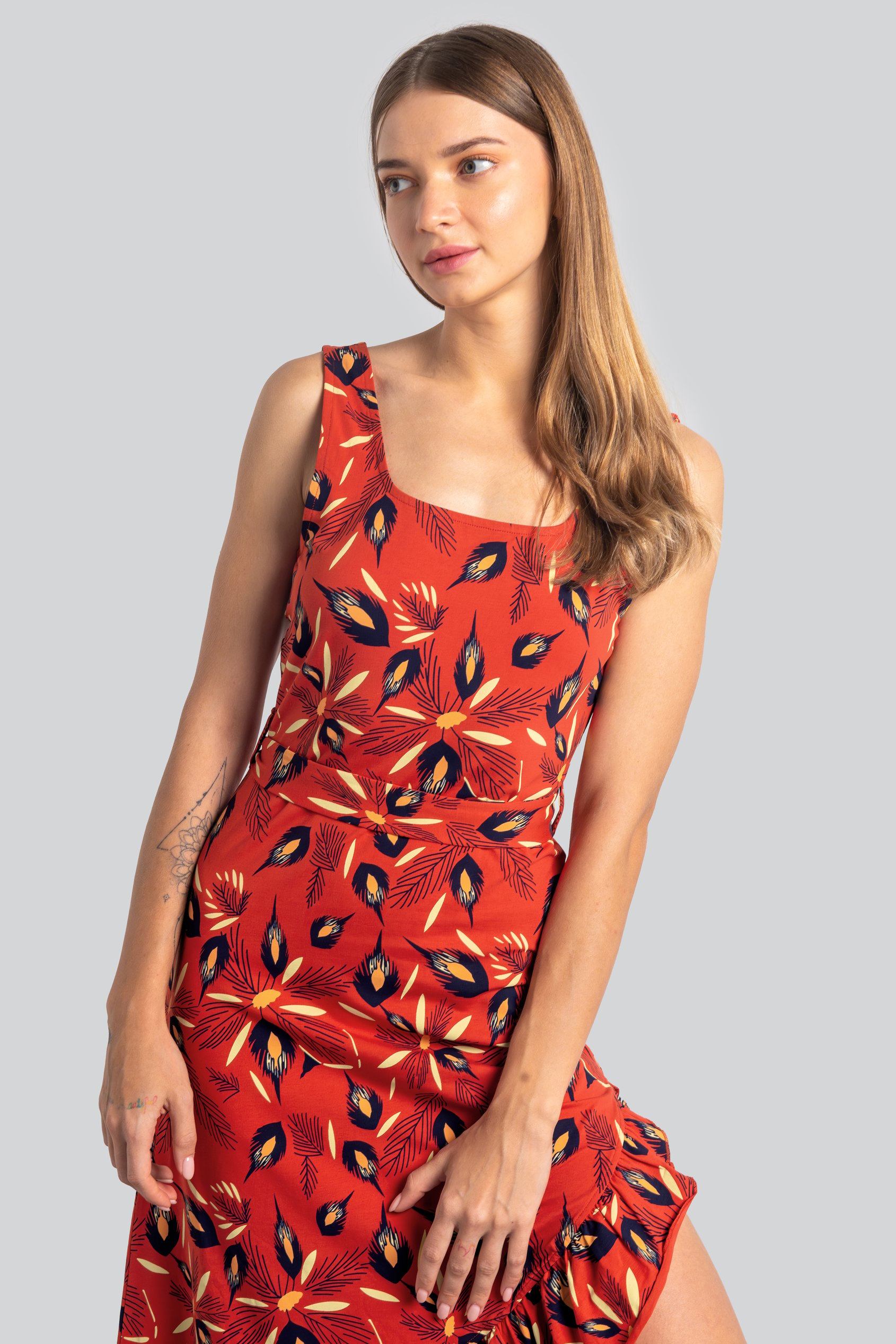 Square-Neck Ruffle Wrap Botanical Print Dress