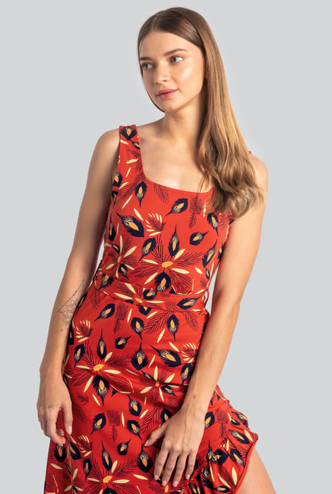 Red Square-Neck Ruffle Wrap Botanical Print Dress