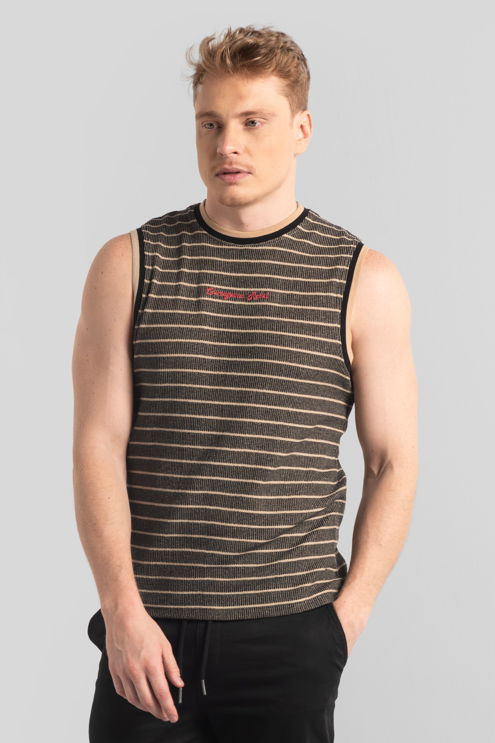 Enorsia Men's Brown Stripe Design Rib Tank Top - Uk Xxl