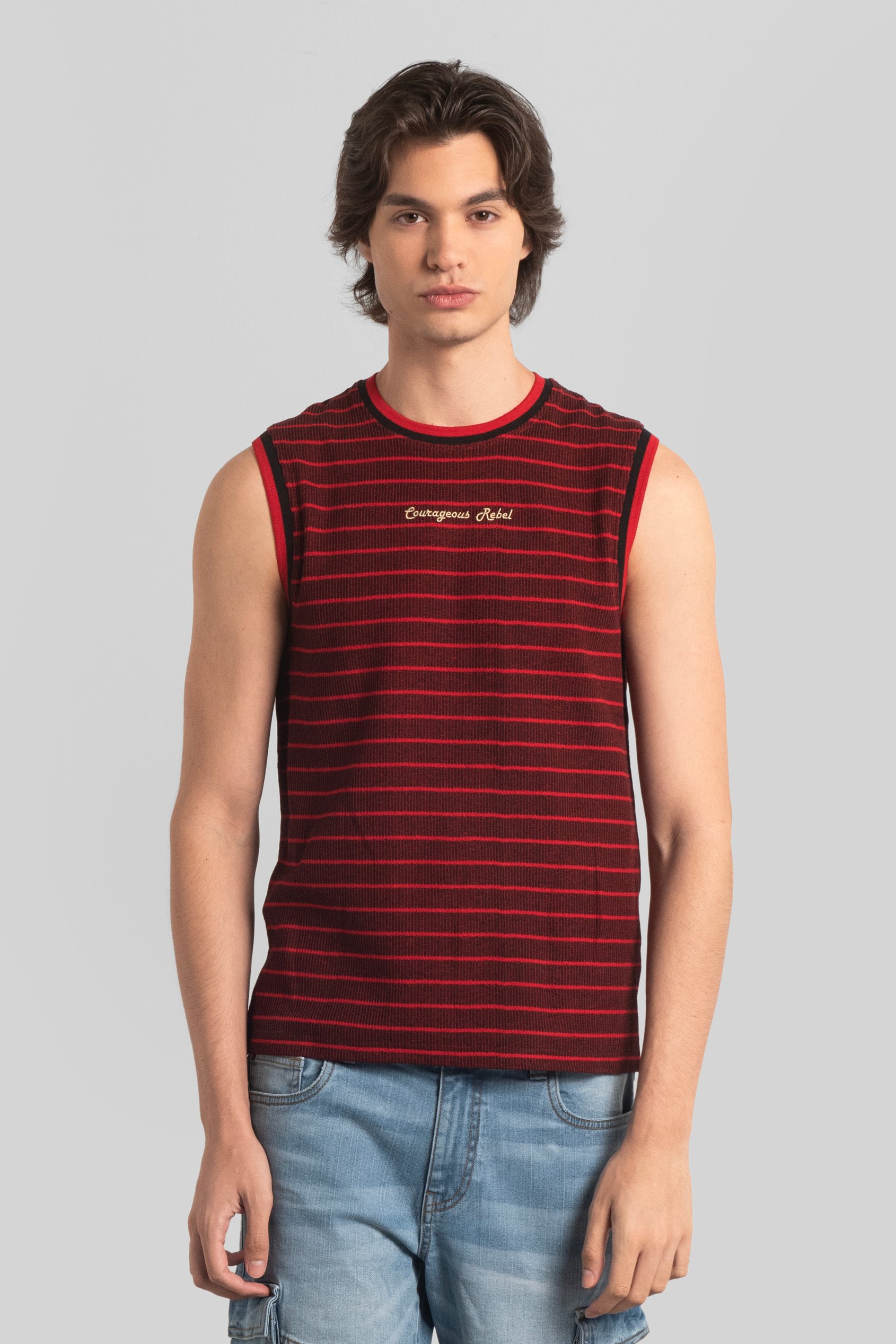 Enorsia Men's Red Stripe Design Rib Tank Top - Uk Xxl
