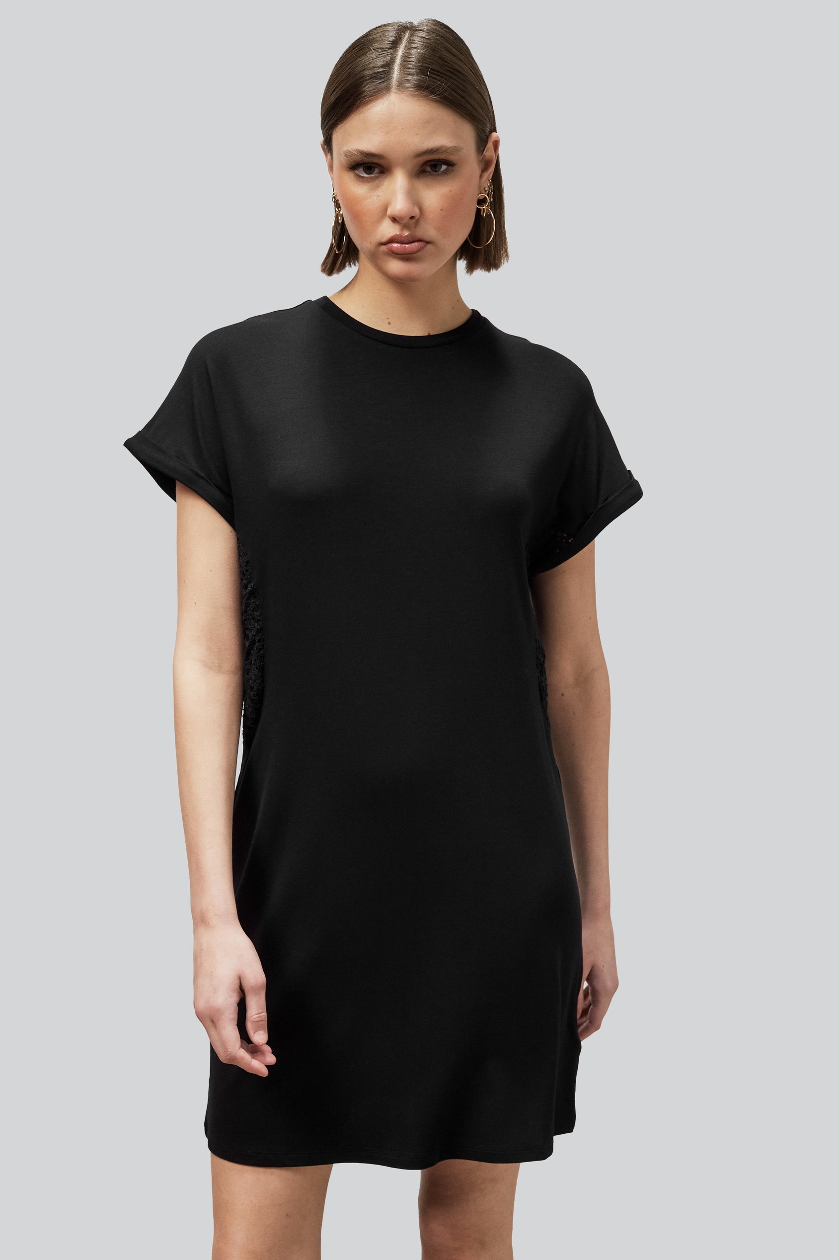 Enorsia Women's Black Patch Cut Lace Jersey Dress - Uk 14