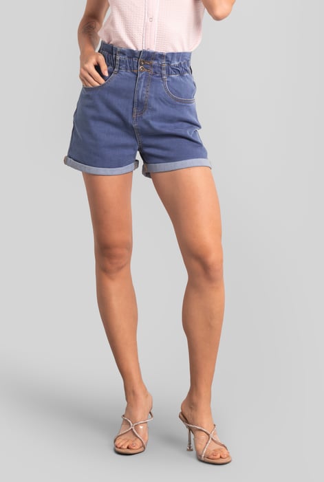 Deep Blue Paperbag Waist Mom Fit Shorts