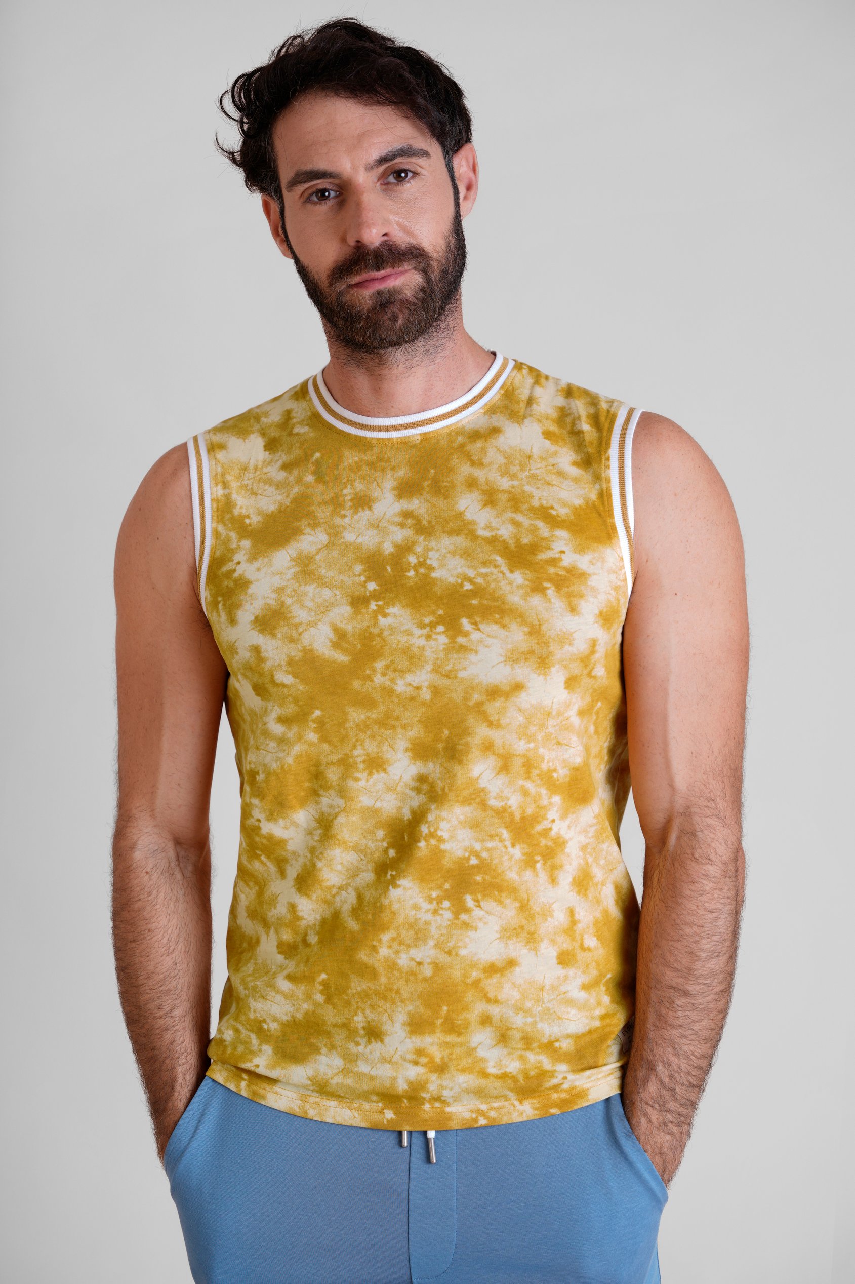 Enorsia Men's Mustard Tie-Dye Printed Cotton Vest - Uk M