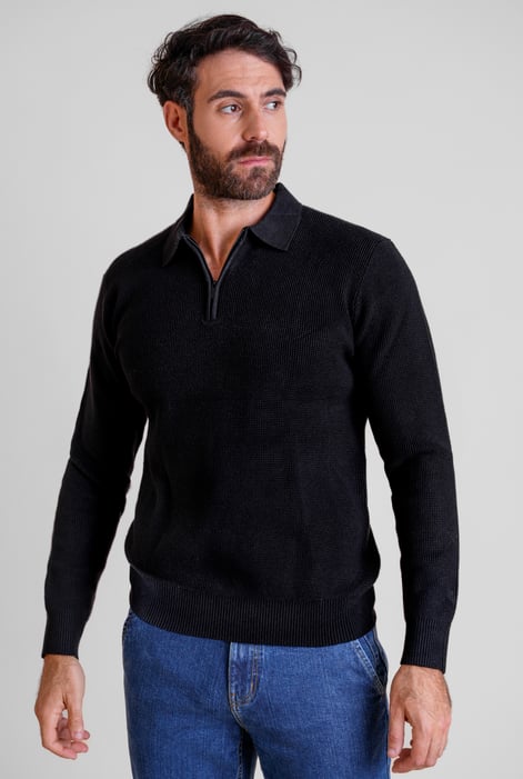 Mens Black Quarter Zip knitted Polo Jumper