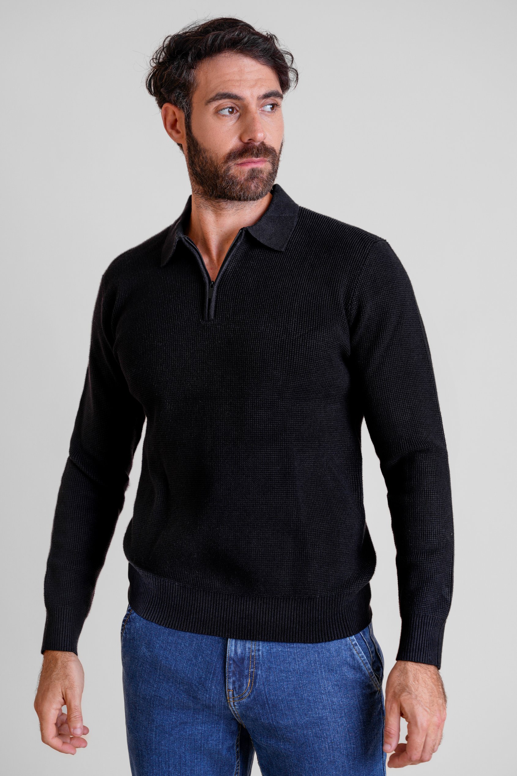 Enorsia Men's Black Quarter Zip Knitted Polo Jumper - Uk Xl