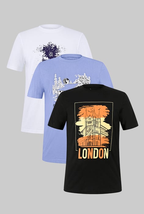 White/Blue/Black 100% Cotton Graphic T-Shirt 3 Pcs Pack