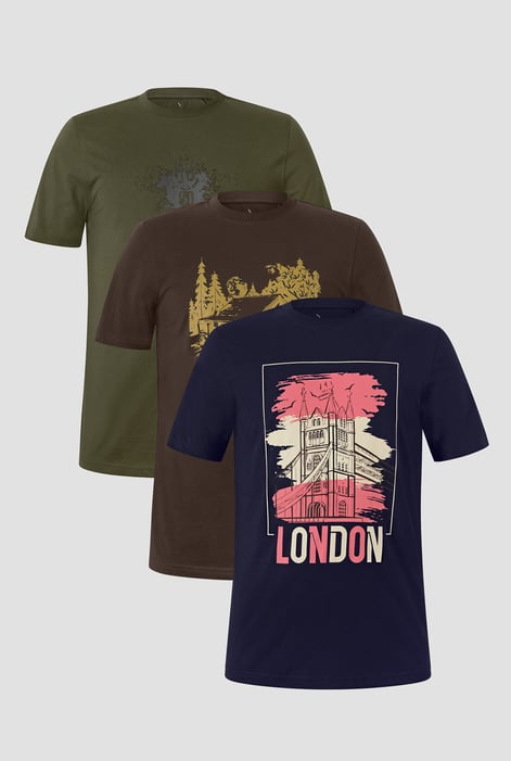 Olive/Chocolate/Navy 100% Cotton Graphic T-Shirt 3 Pcs Pack