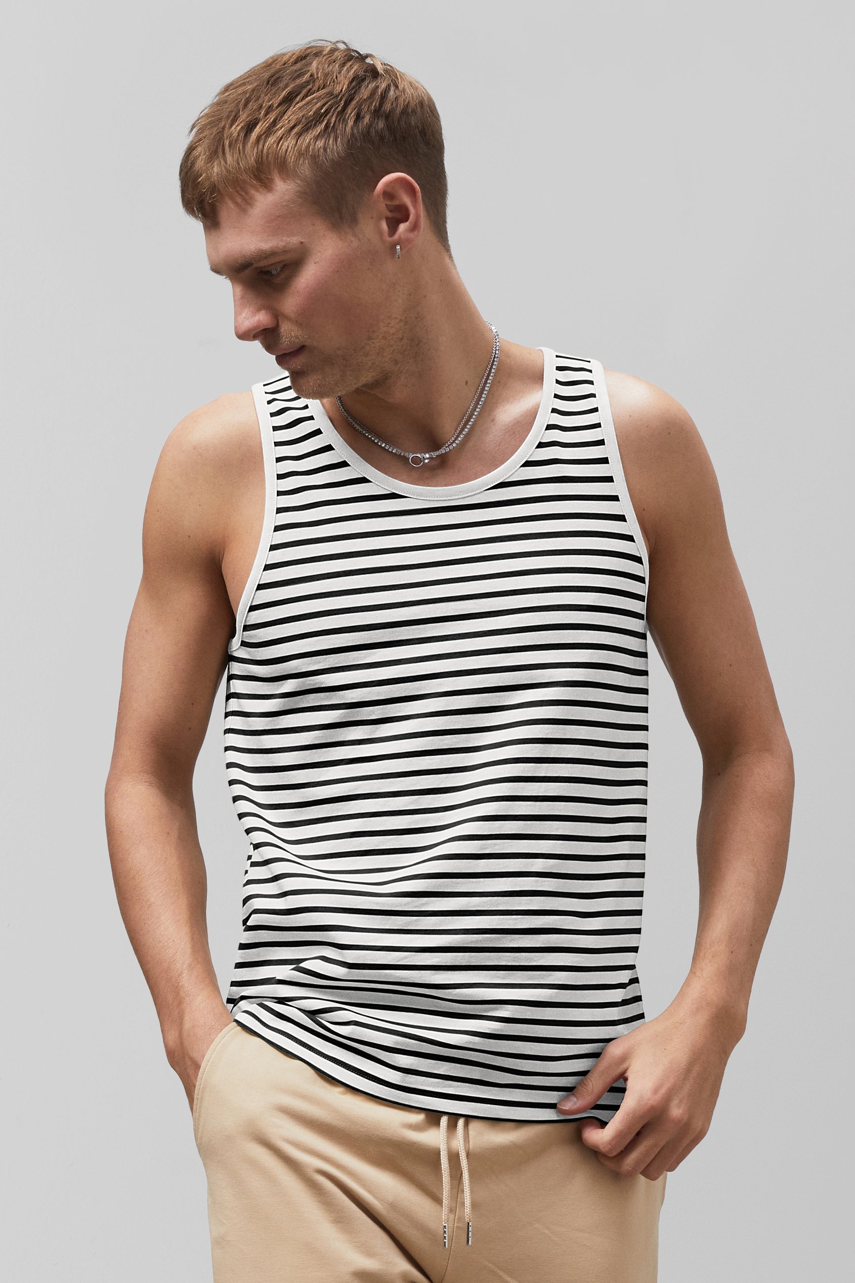 Enorsia Men's White Striped Tank Top - Uk Xl