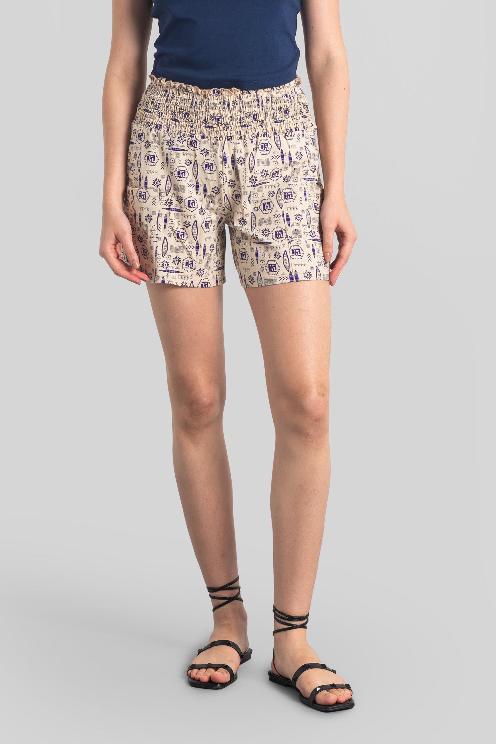 Enorsia Women's Cream Printed Cotton Jersey Shorts | - Uk 8