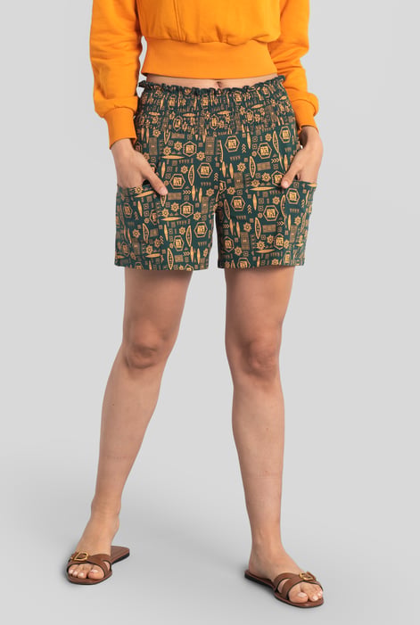 Green Smocked High-Waisted Printed Shorts