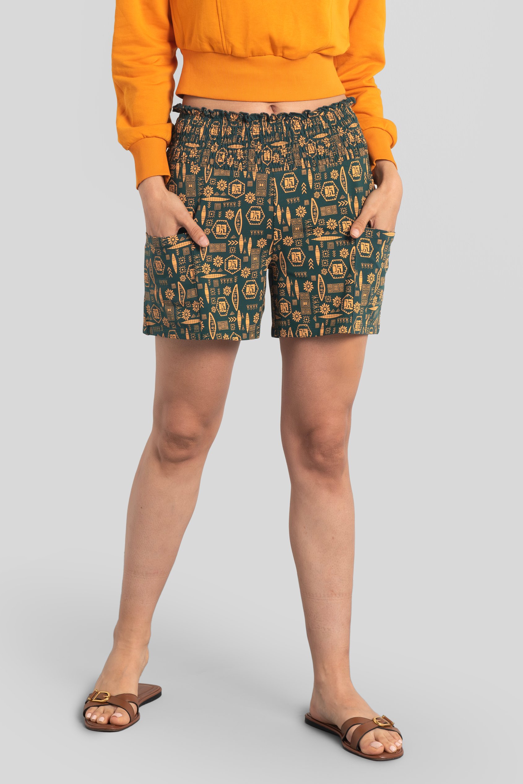Enorsia Women's Green Printed Cotton Jersey Shorts - Uk 18