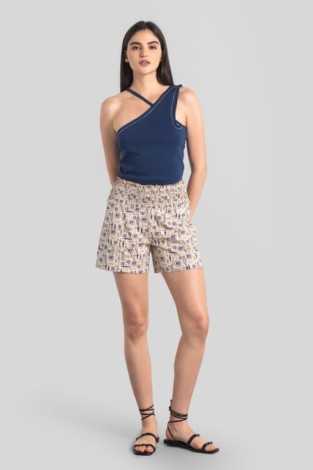 Smocked High-Waisted Printed Shorts