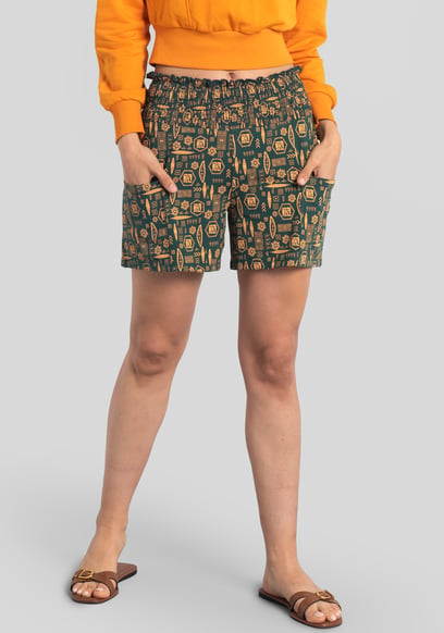 Smocked High-Waisted Printed Shorts