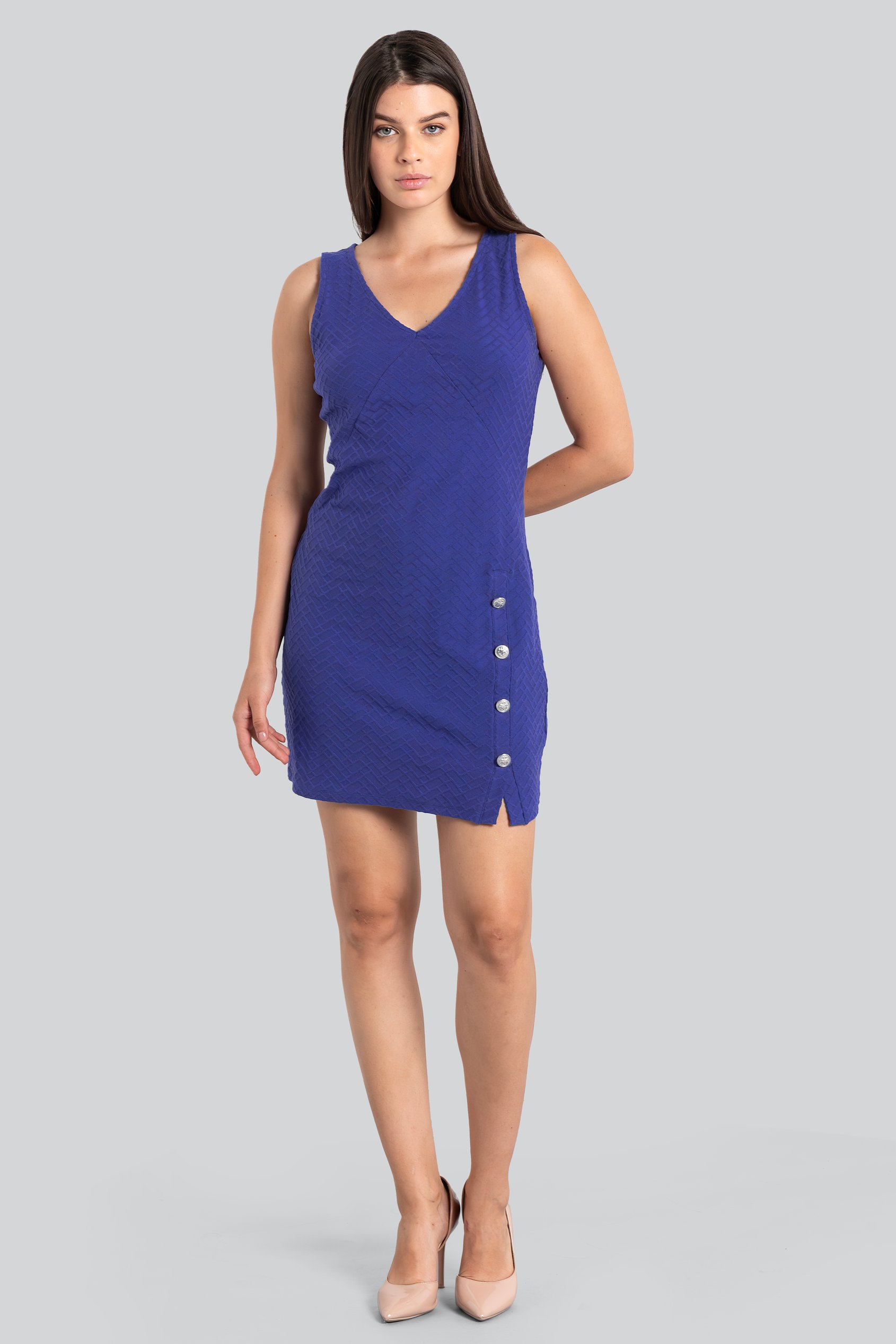 Enorsia Women's Blue Sleeveless Button Detail Mini Dress - Uk 8