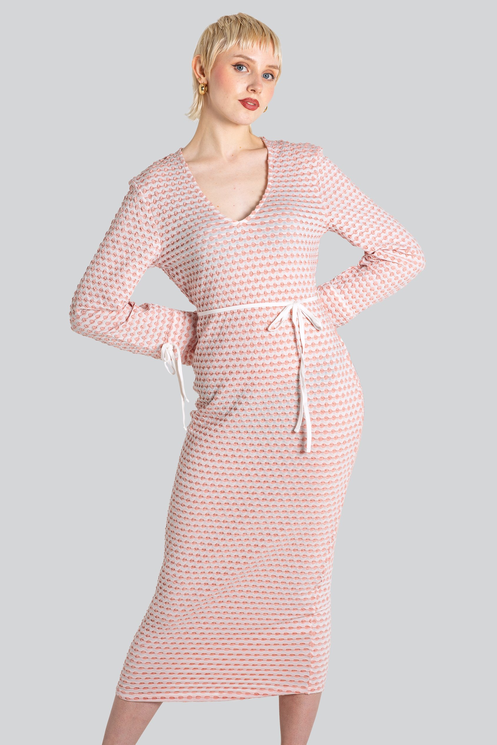 Enorsia Women's Pink Textured Stretch Jersey Long Sleeve Midi Dress - Uk 18