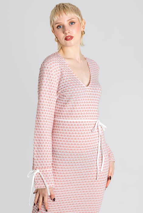 Pink Textured Stretch Jersey Long Sleeve Midi Dress
