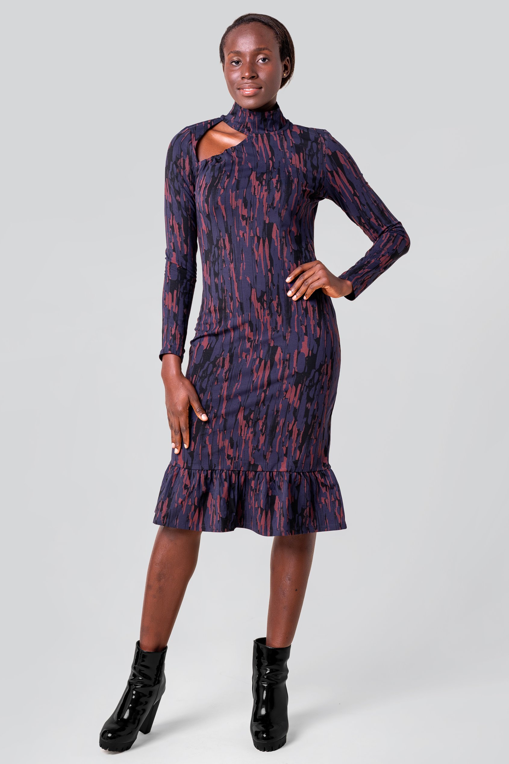 Womens Cut Out Printed Midi Flare Dress