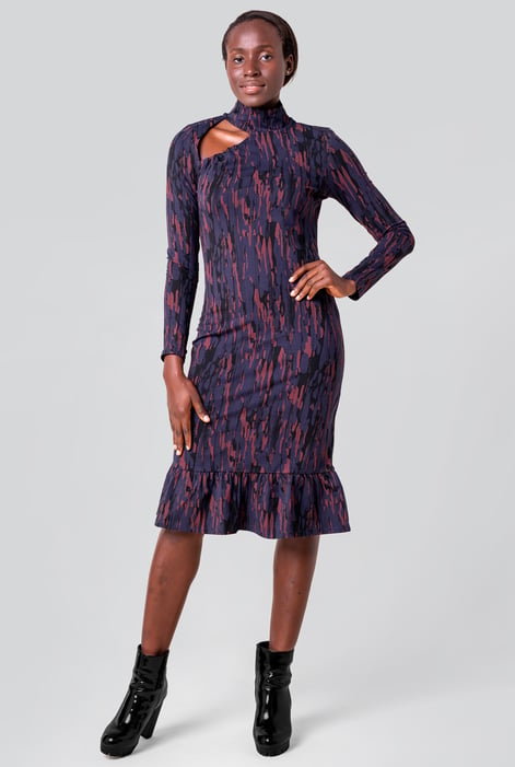 Womens Red Cut Out Printed Midi Flare Dress