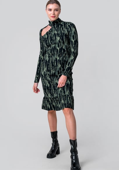 Womens Cut Out Printed Midi Flare Dress