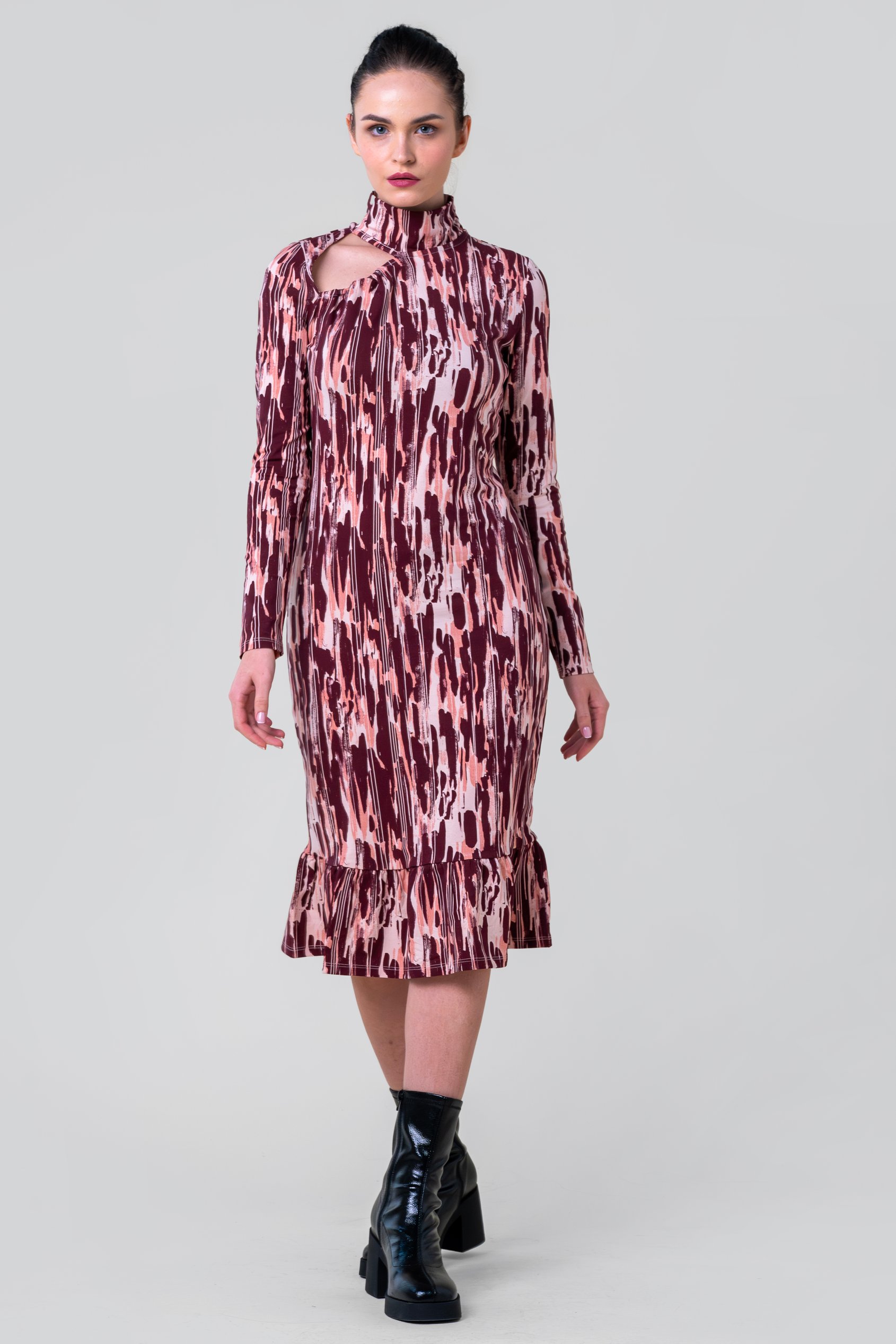 Womens Cut Out Printed Midi Flare Dress