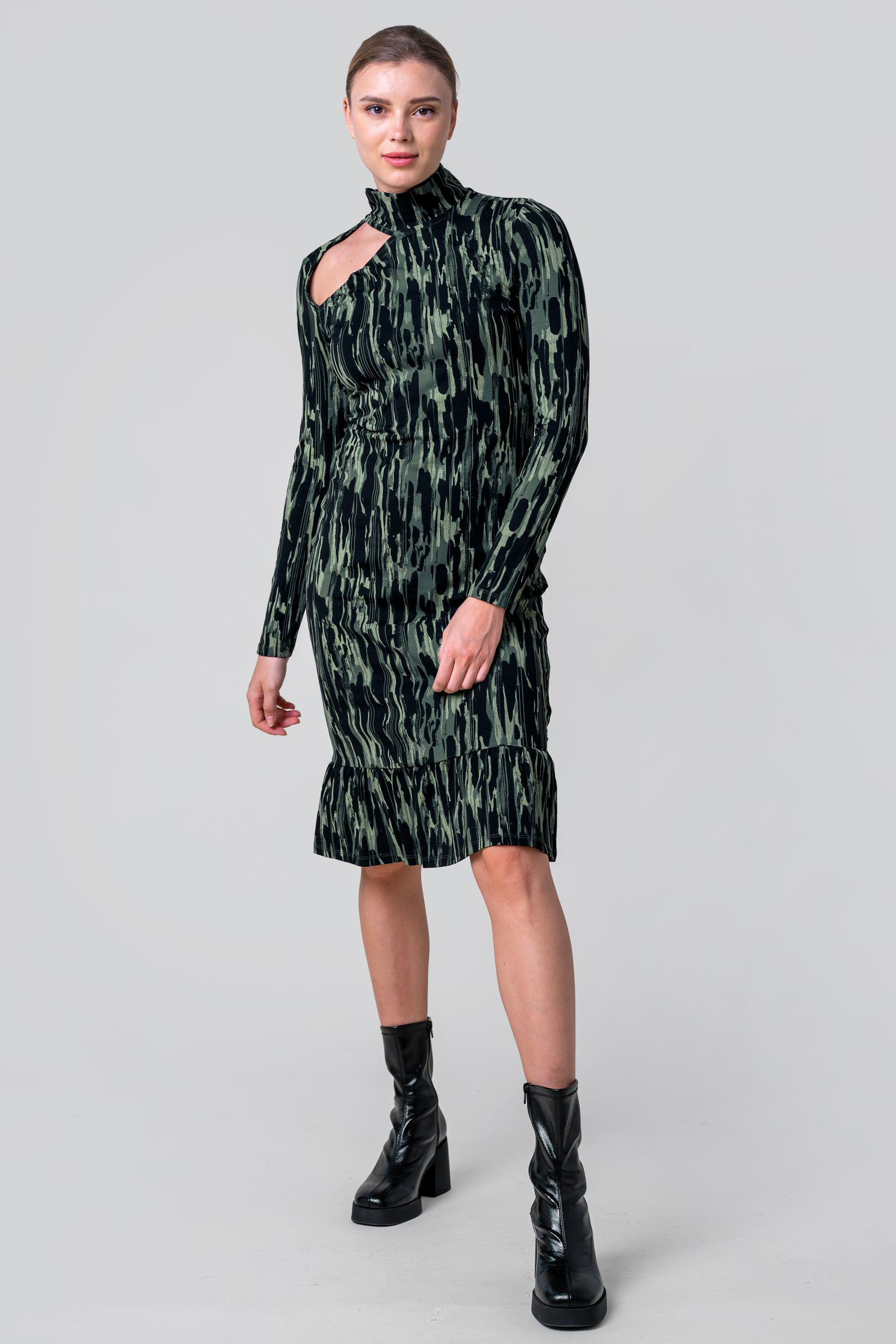Enorsia Women's Green Abstract Print Cut Out Jersey Midi Dress - Uk 12
