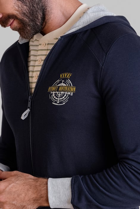 Mens Navy Wave Full Zip  Contrast Hoodie