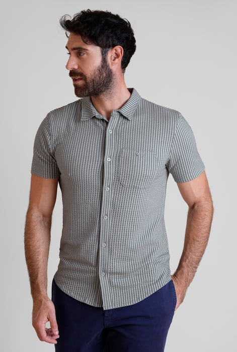 Grey Jersey Seersucker Stripe Short Sleeve Shirt
