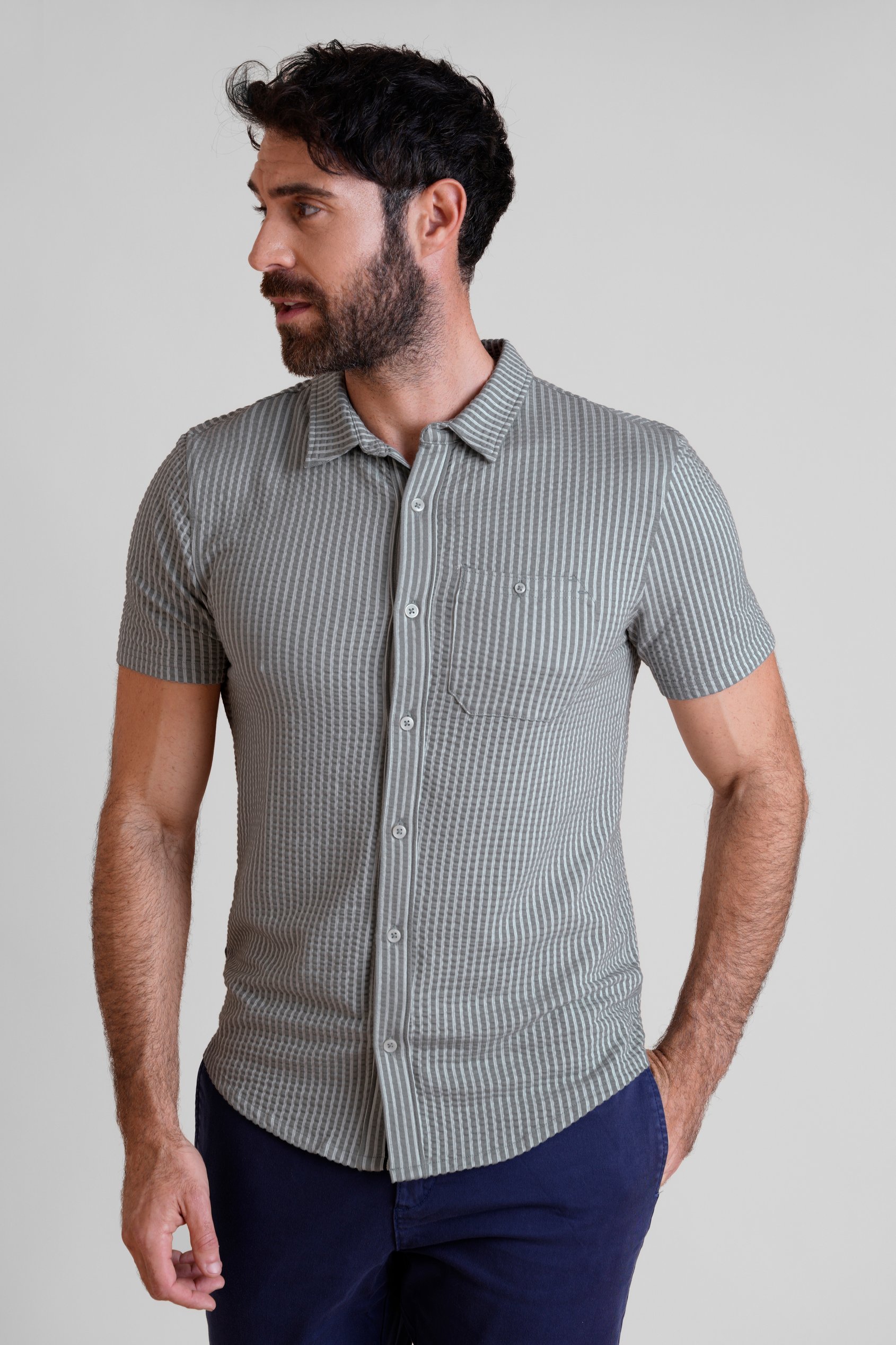 Enorsia Men's Grey Jersey Seersucker Stripe Short Sleeve Shirt - Uk Xxl