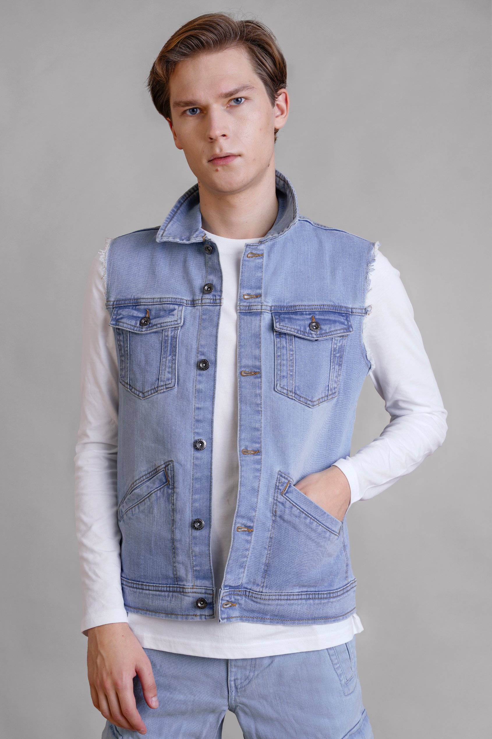 Enorsia Men's Light Blue Sleeveless Denim Jacket - Uk Xxl