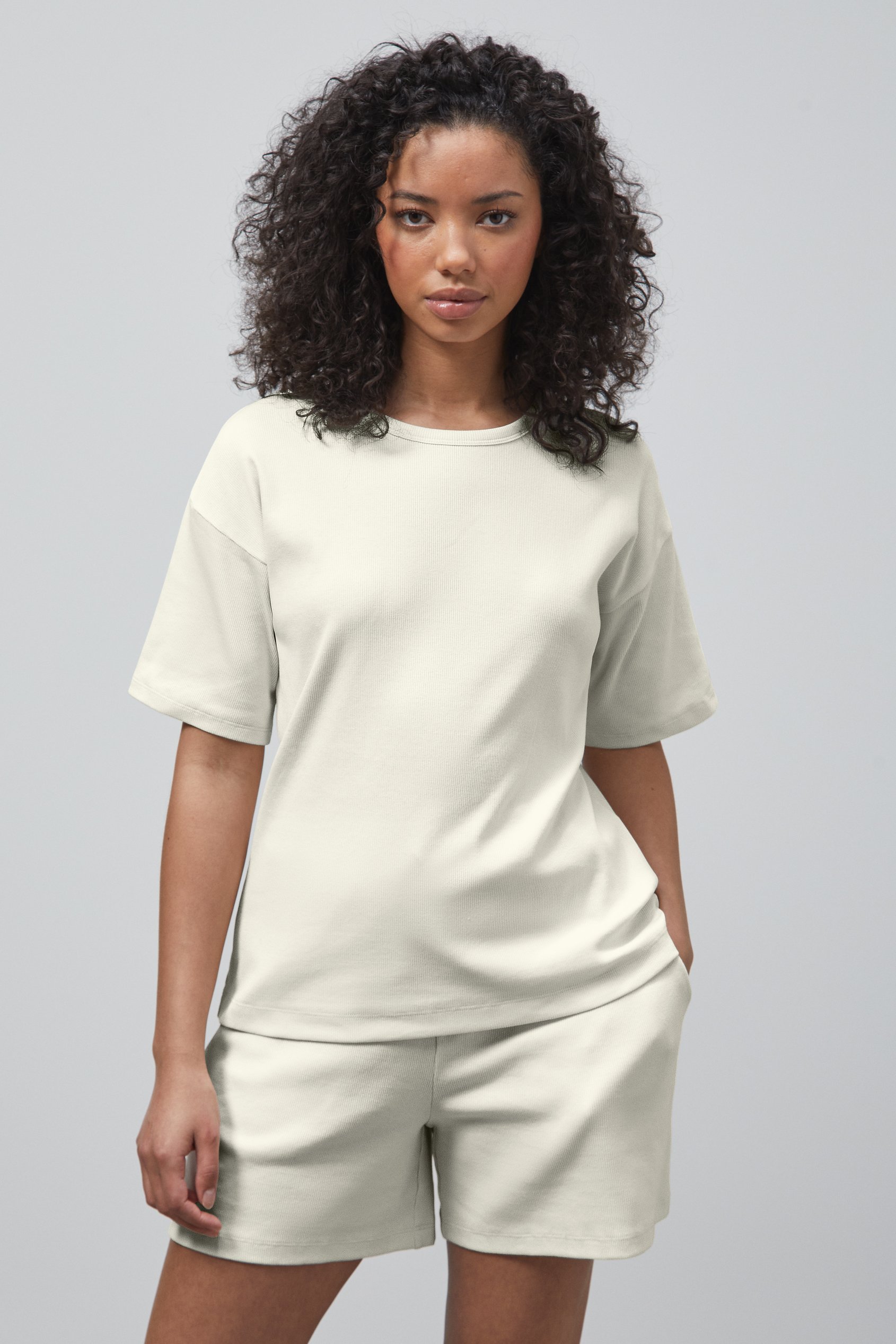 Enorsia Women's White Oversized Ribbed T-Shirt & Shorts Set - Uk 12