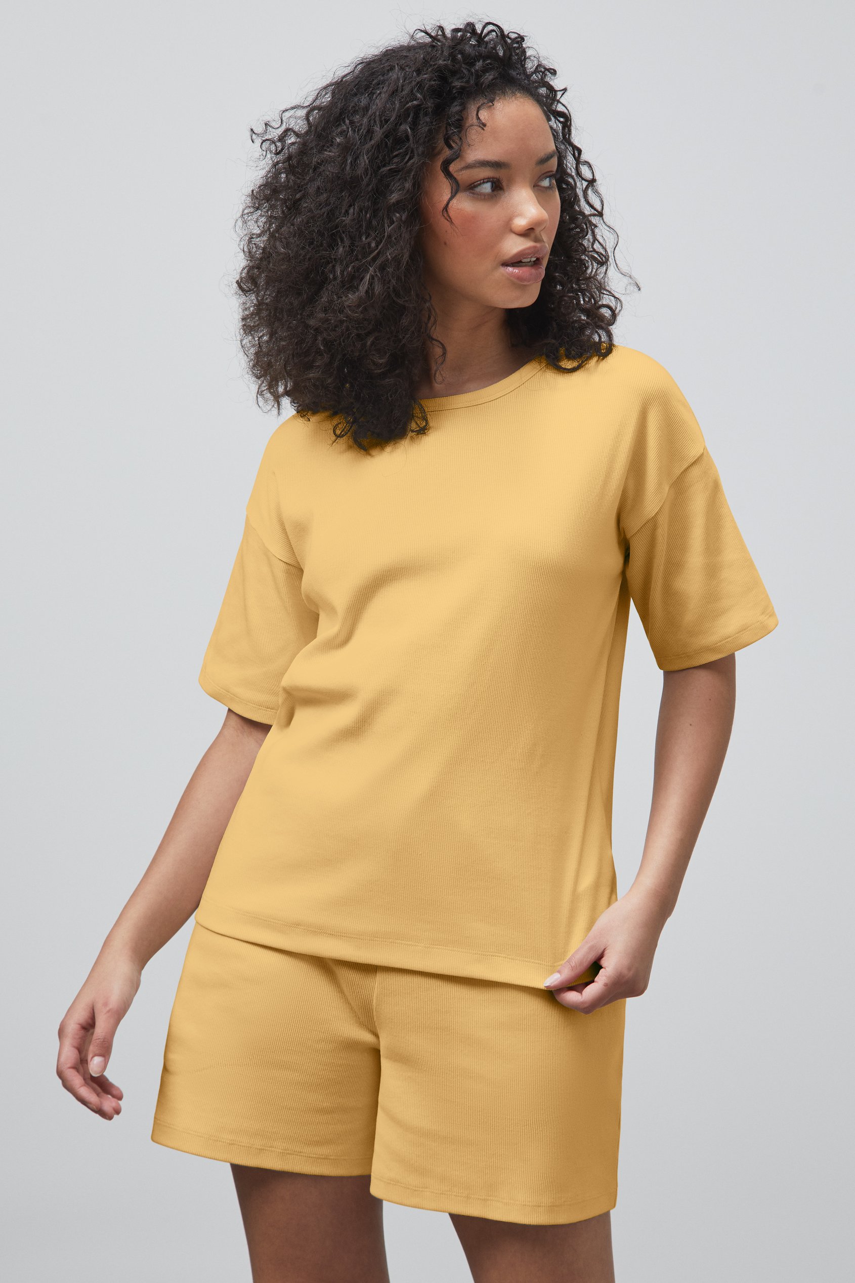 Enorsia Women's Yellow Oversized Ribbed T-Shirt & Shorts Set - Uk 18
