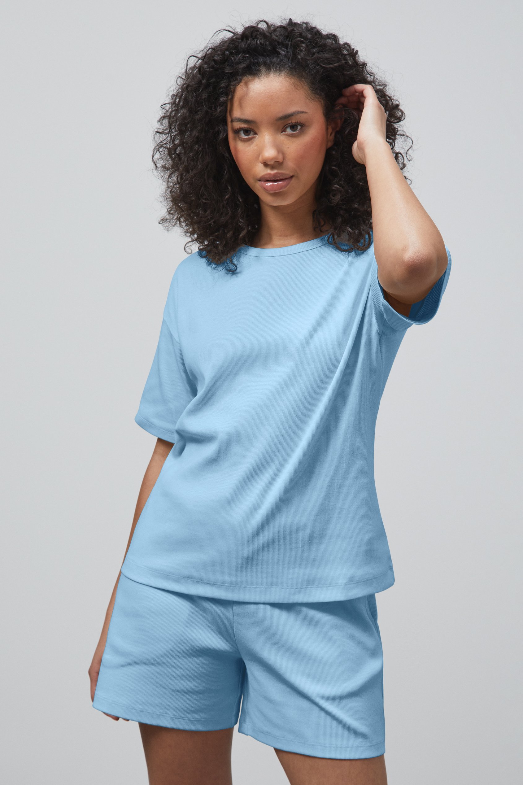 Enorsia Women's Blue Oversized Ribbed T-Shirt & Shorts Set - Uk 14