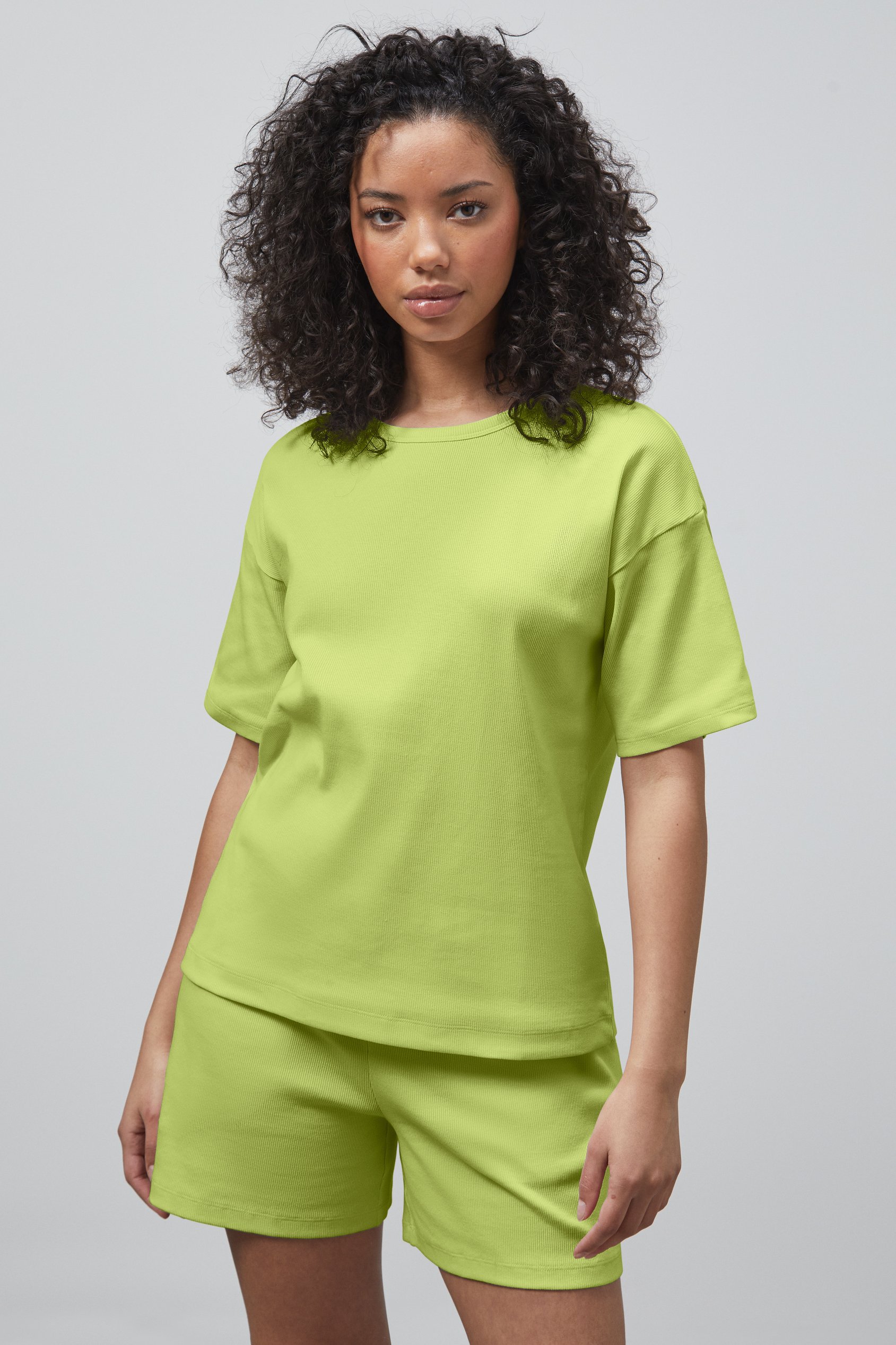 Enorsia Women's Green Oversized Ribbed T-Shirt & Shorts Set - Uk 14