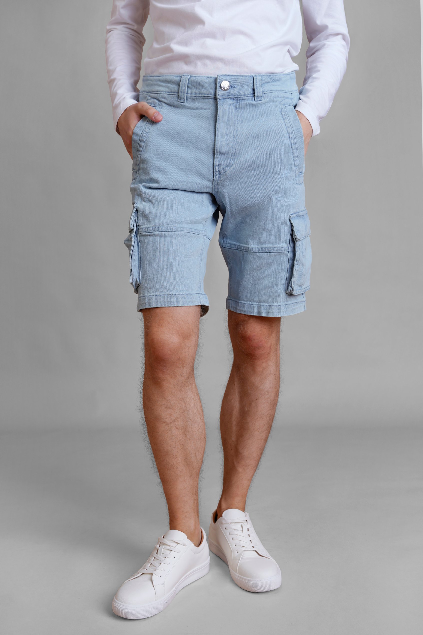 Enorsia Men's Light Blue Stretch Denim Cargo Shorts - Uk 38